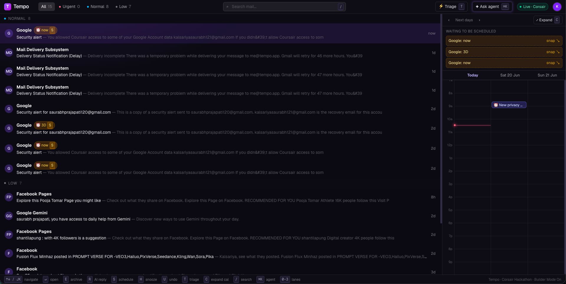 The Tempo inbox — emails sorted into priority lanes beside a “waiting to be scheduled” panel